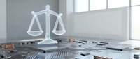 Digital justice scales floating above scattered legal documents and papers on modern office desk with natural window lighting for law firm presentations.