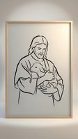 Minimalist line art of Jesus Christ holding lamb in wooden frame on wall for religious home decor and spiritual artwork.