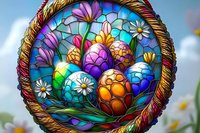 Colorful Easter eggs and daisies in stained glass style circular window with rope frame border, featuring vibrant spring colors and decorative patterns.