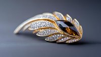 Elegant gold feather brooch with sparkling diamonds on dark background, luxury jewelry accessory for formal occasions and sophisticated style statements.