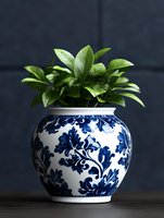 Green plant in traditional blue and white ceramic pot with floral pattern against dark background, elegant home decor composition for interior design.