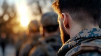Military personnel in camouflage uniform standing in formation at sunset, backlit with golden sunlight creating dramatic silhouette and atmospheric mood.
