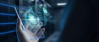 Hand holding smartphone with glowing fingerprint scan and padlock hologram in dark server room, symbolizing data encryption and cybersecurity.