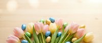 Colorful spring tulip bouquet with painted Easter eggs on wooden background for holiday celebration and seasonal decoration.