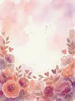 Watercolor floral frame with roses, peonies, and hearts on soft pink and purple gradient background. Isolated design ready for invitations, greeting cards, and wedding stationery projects.