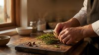 Professional chef chopping fresh herbs on wooden cutting board in warm kitchen setting with natural lighting and cooking utensils in background.