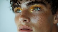 Young woman with golden glitter makeup around eyes looking up with natural freckled skin and wet hair for beauty cosmetics fashion editorial.