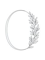Elegant oval frame with delicate botanical leaves border on white background, minimalist line art design for wedding invitations and greeting cards.