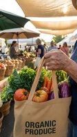 Senior male shopper holding canvas bag of fresh organic vegetables at farmers market with produce stands and customers under shade umbrellas in background.