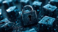 Metal padlock on computer keyboard with dark blue technology background representing digital security and cybercrime protection concept.
