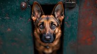 German Shepherd dog with alert expression and pointed ears peeks through dark green doorway, dramatic lighting highlights warm brown and black fur coloring.