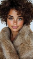 Young mixed-race woman with curly hair wearing cozy beige fur coat, natural makeup and freckles, warm portrait for fashion and lifestyle content.