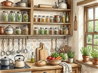 Cozy rustic kitchen watercolor with wooden shelves, spice jars, fresh vegetables, herbs, and vintage utensils in warm farmhouse style.