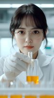 Young Asian female scientist in white lab coat and protective gloves examining orange liquid sample in test tube at research laboratory. Professional healthcare research.