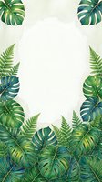 Tropical foliage frame with monstera and fern leaves in green and blue tones on white background, isolated and ready for design use on invitations, posters, and social media graphics.