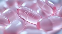 Pink translucent soft gel capsules in macro view showing pharmaceutical texture and surface detail, medical supplements arranged in gentle composition.