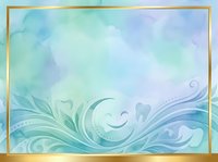 Pastel watercolor background with ornamental swirls and gold frame border, suitable for invitations, greeting cards, and design templates.