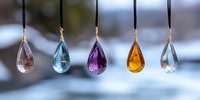 Colorful crystal teardrop pendants hanging in row against blurred background showcase transparent gemstones in purple, blue, amber and clear quartz.