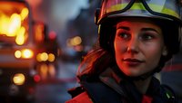 Female firefighter in protective gear and helmet illuminated by emergency lights at night scene, dramatic portrait with bokeh background and warm glow.