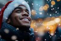 Young African American man wearing Santa hat and winter scarf smiling during snowfall with festive bokeh lights in background, capturing holiday joy and seasonal spirit.