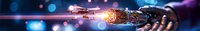Glowing futuristic weapon in hand against dark background with blue bokeh lights and lens flares, dramatic sci-fi atmosphere for gaming visuals.