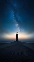Lighthouse silhouette against starry night sky with Milky Way galaxy, illuminated beacon on sandy dunes near ocean at dusk, dramatic celestial landscape.