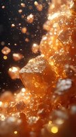 Golden amber crystals with warm bokeh lights creating magical atmosphere for luxury jewelry and wellness design projects.