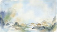 Serene Asian landscape with misty mountains, traditional pagoda architecture, and tranquil water. Watercolor painting style featuring soft brushstrokes, muted earth tones, and atmospheric perspective for meditation and wellness design projects.