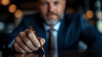 Middle-aged caucasian businessman in navy suit holding luxury pen at dark wooden desk, bokeh lights background creates professional atmosphere in office setting.
