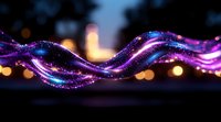 Glowing purple and blue light waves with sparkles flow against dark blurred city background with bokeh lights, creating magical evening atmosphere.