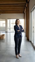 Confident middle-aged woman with brown hair, Caucasian ethnicity, wearing dark navy blazer and pants with beige heels, standing with crossed arms in modern loft space with wooden beams, concrete floors, and large windows. Corporate professional portrait for business, leadership, and entrepreneurship concepts.