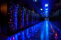 Modern data center corridor with rows of server racks illuminated by dramatic blue LED lighting, creating reflections on polished floor. Network infrastructure for cloud computing.