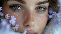 Close-up portrait of young woman with freckles, blue eyes, and glitter on face surrounded by delicate purple flowers for beauty and cosmetic advertising.
