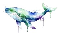 Watercolor whale with vibrant blue green purple splashes and paint drips isolated on white background for marine art and ocean themed designs.
