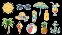 Summer sticker set with sun, sunglasses, beach umbrella, cocktail, hat, flip flop, sunscreen, palm tree, ice cream, ball, pineapple, anchor isolated on transparent background for clipart and t-shirt design.