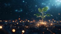 Glowing young tree sapling with illuminated root system against starry night sky background, symbolizing growth, innovation and environmental technology.