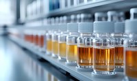 Laboratory glass containers with amber liquid samples in row on shelf, scientific research testing analysis in modern clinical facility. Medical diagnostics.