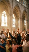 Diverse multiethnic congregation worshipping together in a sunlit gothic cathedral, hands raised in praise during a joyful Sunday church service.