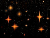 Glowing orange and yellow stars with light rays on black cosmic background, creating festive celestial atmosphere for holiday designs.