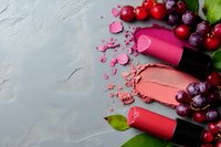 Crushed pink and coral lipsticks with fresh red cherries and purple grapes on gray stone background, cosmetic flatlay with green leaves and copy space.