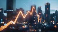 Glowing orange financial chart line against blurred urban cityscape background with bokeh lights showing market volatility and business analytics.