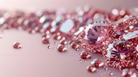 Sparkling pink diamonds and crystals scattered on soft rose background with selective focus creating luxurious jewelry composition for wedding and glamour designs.