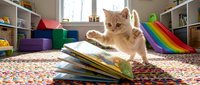 Ginger cat playing with open book on colorful floor in playroom with toys and shelves, educational learning environment for children.