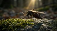Mosquito perched on moss-covered rock in natural forest setting with golden sunlight filtering through trees, suitable for educational, medical, pest control, and nature content.