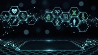 Digital healthcare technology network with medical icons in hexagonal grid pattern on futuristic blue background for telemedicine and health innovation.
