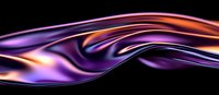 Abstract flowing waves in purple and orange create dynamic motion against black background, featuring smooth glossy curves and light reflections.