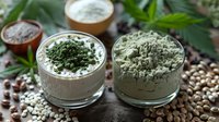 Green superfood powder supplements with hemp seeds and cannabis leaves, natural organic protein and nutritional powders in glass bowls on dark background.