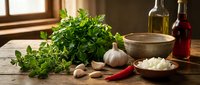 Fresh herbs garlic and cooking ingredients arranged on rustic wooden table with natural window light for culinary preparation and Mediterranean cuisine.