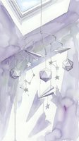 Watercolor baby mobile with geometric shapes, stars and paper planes hanging in nursery room with soft purple tones for children decor and interior design.