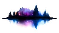 Mystical mountain landscape silhouette with aurora borealis colors and pine trees reflected in calm water, creating mirror effect with sparkling stars in night sky.